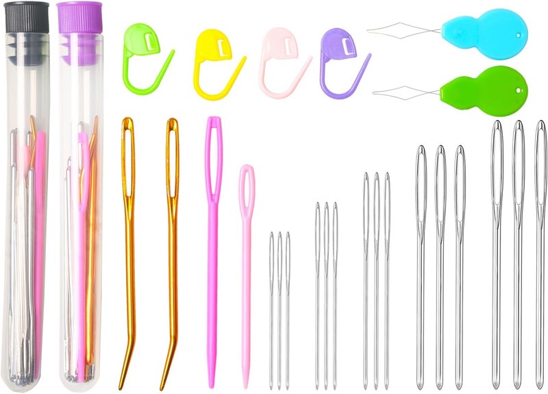 HEKISN 45Pcs Large Eye Blunt Yarn Needles Kit, Assorted Sizes Bent Tapestry Darning Needle, Sewing With Threaders & Stitch Markers for Knitting Crochet (Purple&Black) - Image 1